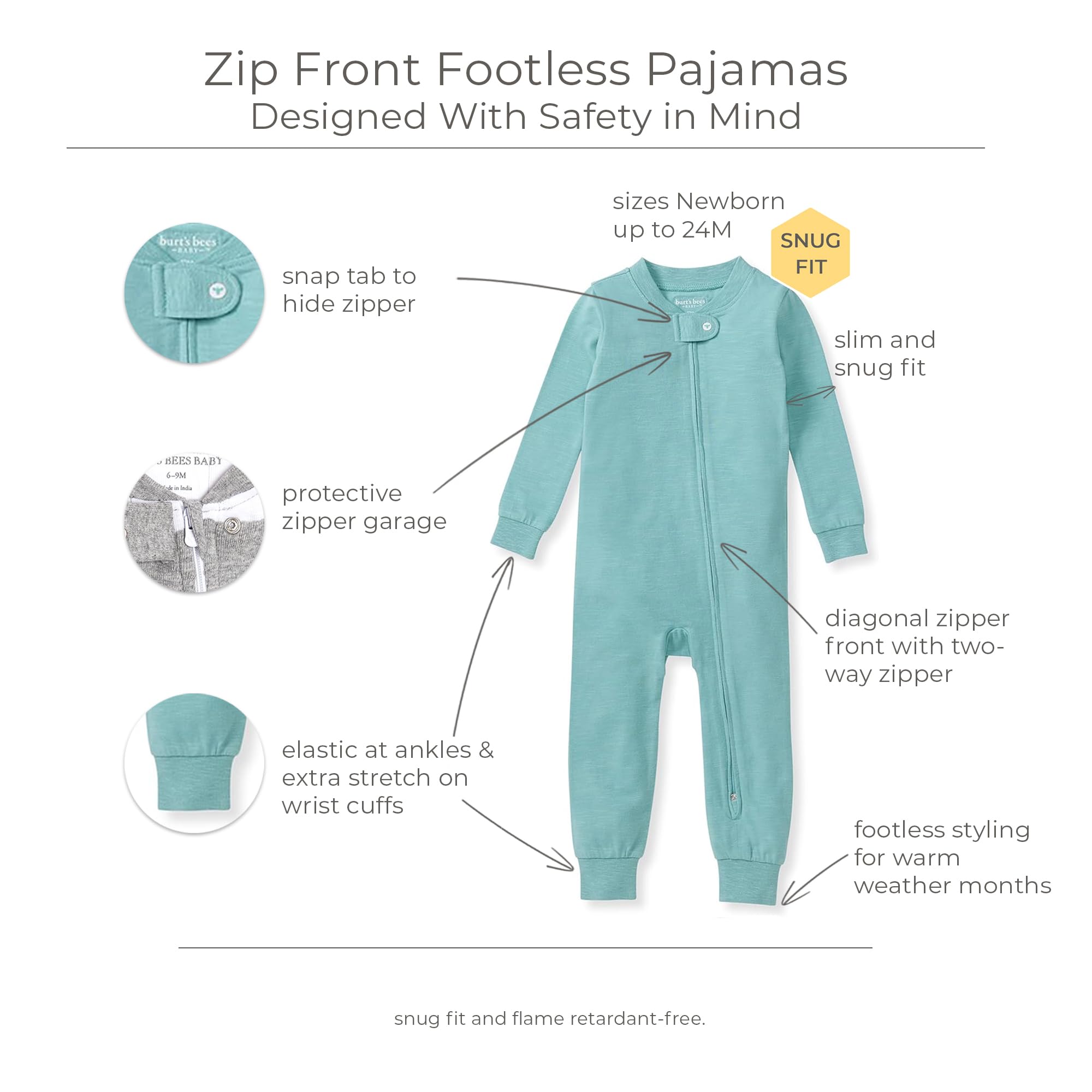 Burt's Bees Baby Baby Honeysoft Pajamas, Footless One-piece Zip-up Pj, Soft Organic Cotton & Lyocell Blend - Image 3